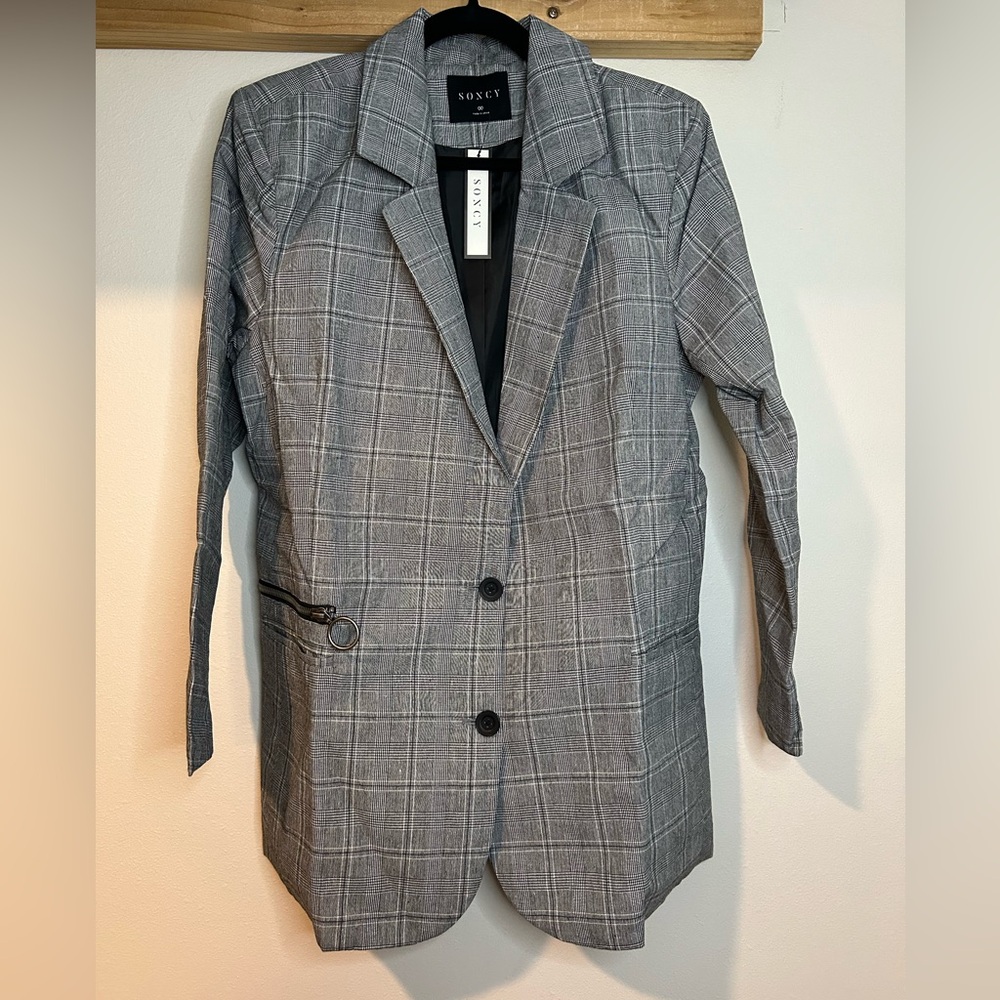 NWT SONCY BLACK AND WHITE PLAID BASIC BLAZER